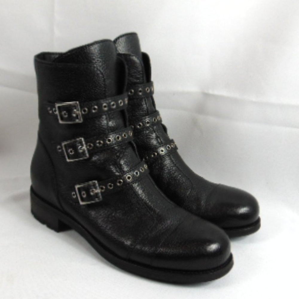 JIMMY CHOO Black Leather Belted Moto Boots Size 39 US 9